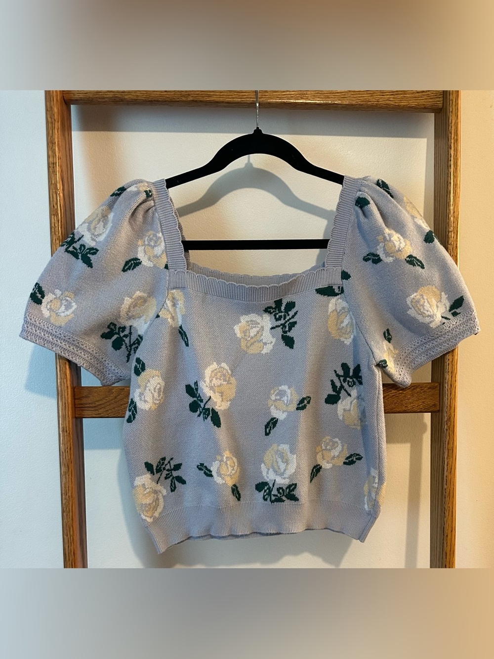 Periwinkle Floral Puff Sleeve Square Neck Knit Floral Crop Top